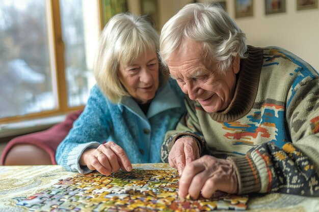 Elderly couple putting together a puzzle at home