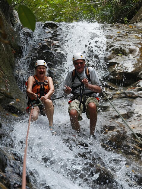 Photo elderly couple rappelling in a waterfall