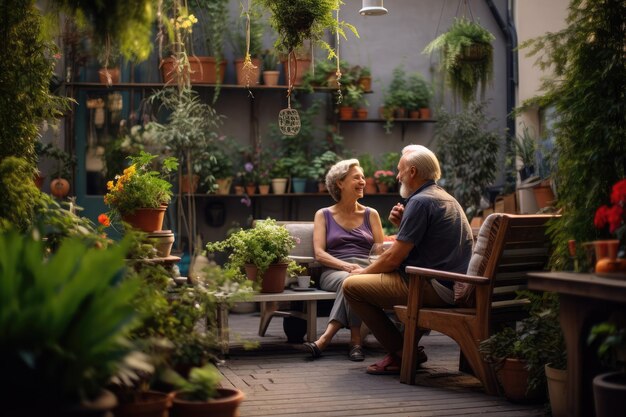 Elderly couple relaxing together in a urban green area urban garden or balcony concept happy