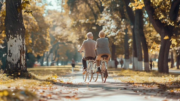 An elderly couple rides a bicycle built for two through a park The man pedals while the woman sits behind him enjoying the scenery