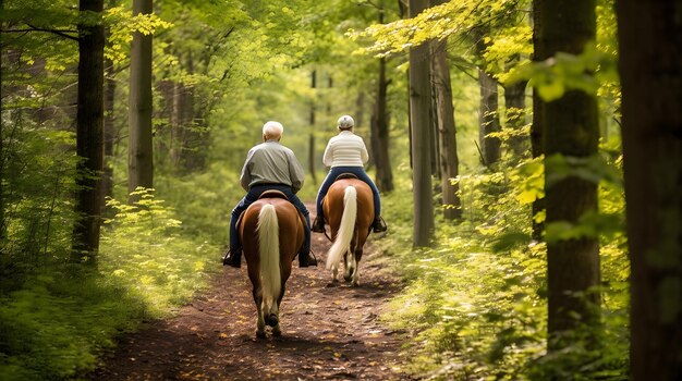 Elderly couple riding horses through a forest trail