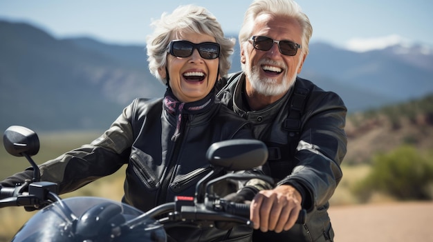 Photo an elderly couple riding a motorcycle