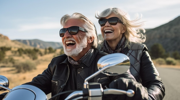 An elderly couple riding a motorcycle