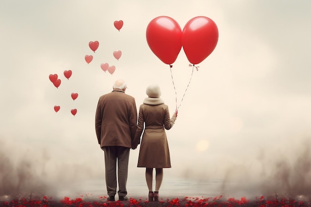 Elderly Couple's Love with Heart Balloon AI