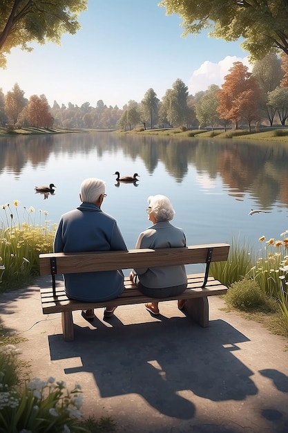 Foto una coppia di anziani condivide storie su una pacifica panchina del lago mentre nutre le anatre