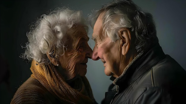 Пожилая пара разделяет нежный момент в мягком свете портрет любви и долголетия эмоциональная фотография пожилых людей ИИ