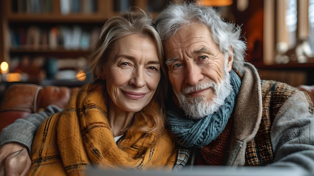 Elderly couple sharing a warm embrace in a cozy setting happiness at old age AI