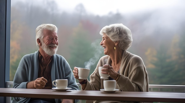 Elderly couple sipping coffee on a porch overlooking a misty forest