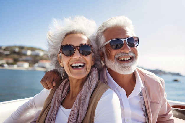 An elderly couple sits in a boat or yacht against the backdrop of the sea Happy and smiling They look at the waves and hug Sea voyage vacation Love and romance of older people