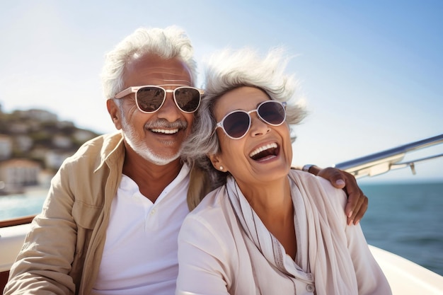 An elderly couple sits in a boat or yacht against the backdrop of the sea Happy and smiling They look at the waves and hug Sea voyage vacation Love and romance of older people