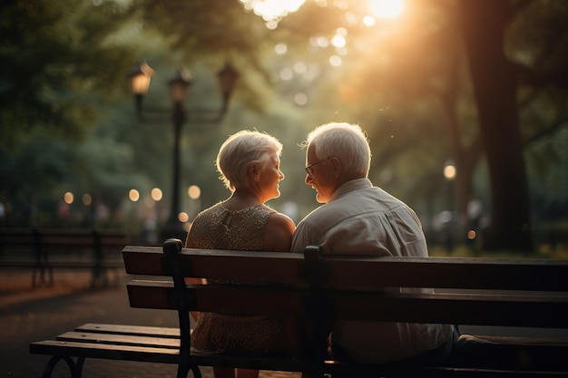 Пожилая пара сидит на скамейке в парке
