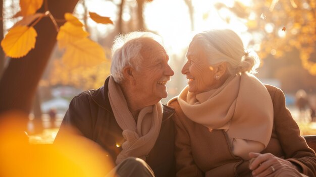 Elderly couple sitting on a bench in the park