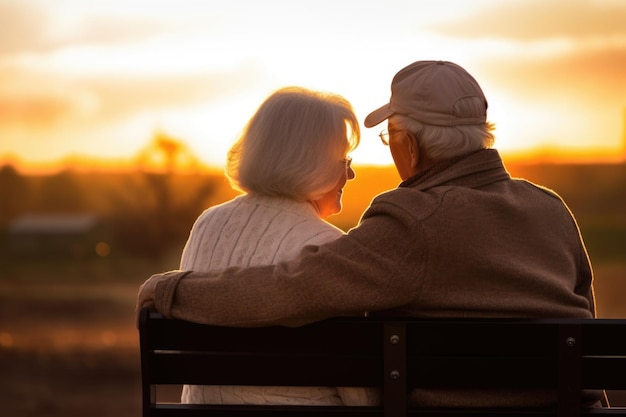 Elderly couple sitting on a bench during sunset