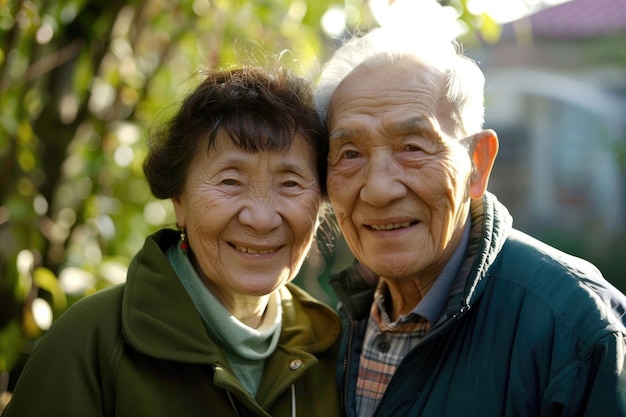 An elderly couple smiling happily together