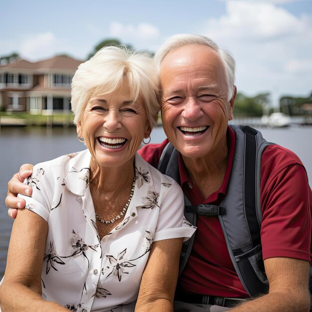 Elderly couple smiling in the water