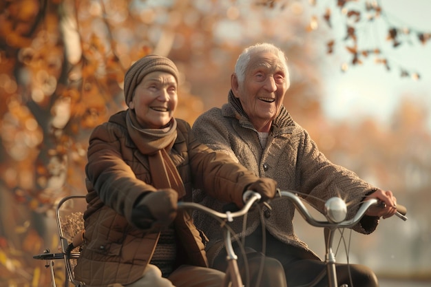 Фото Пожилая пара улыбается во время езды на велосипеде