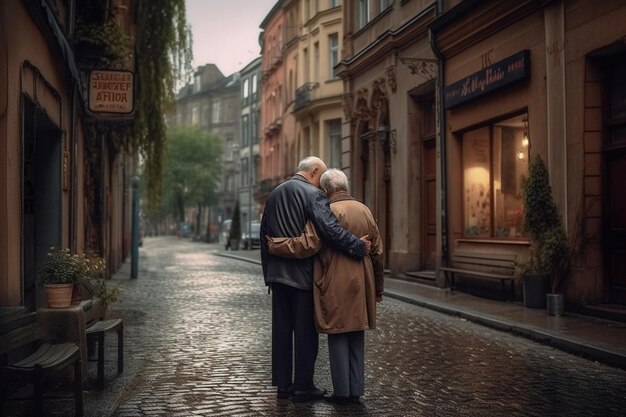 An elderly couple standing in the rain