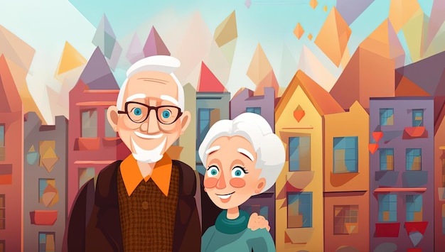 an elderly couple in the style of colorful animation