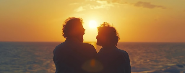 Elderly couple at sunset beach Concept of senior love