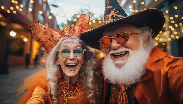 An elderly couple takes a selfie for the day of the dead in mexico