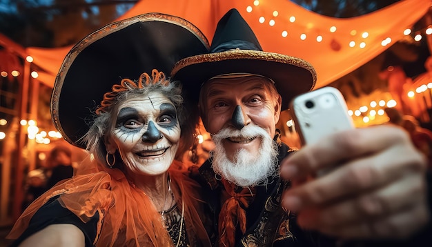 An elderly couple takes a selfie for the Day of the Dead in Mexico