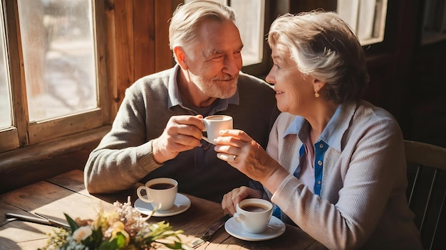 Elderly couple talking together and drinking coffee or milk