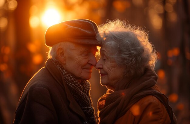 An elderly couple together in a romantic setting at sunset