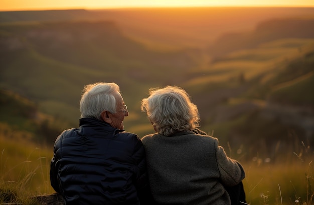 An elderly couple together in a romantic setting at sunset