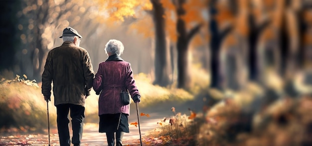An elderly couple walking in the autumn forest