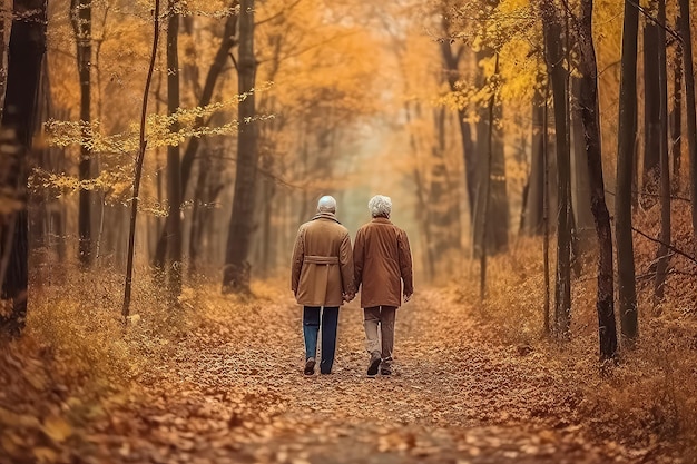 Elderly couple walking in the autumn park and watching the sunset AI