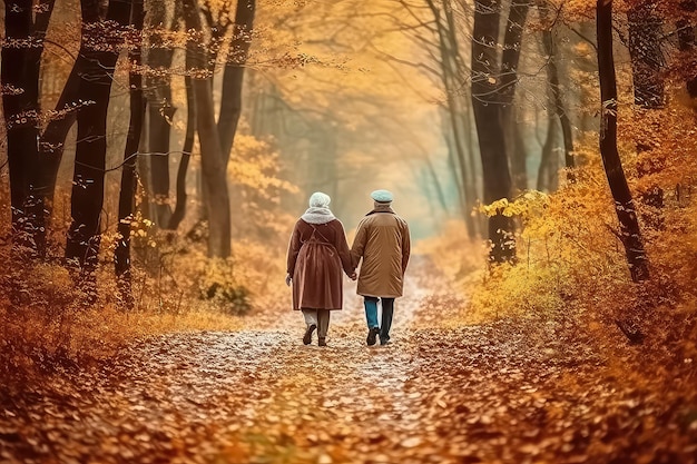 Elderly couple walking in the autumn park and watching the sunset AI