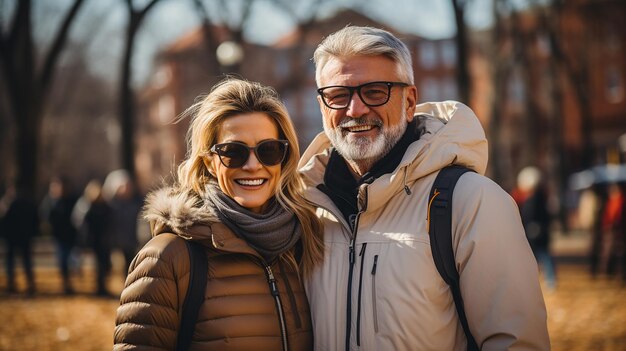 Elderly couple walking down a city street in autumn