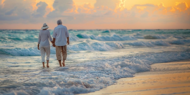 Photo elderly couple walking in ocean