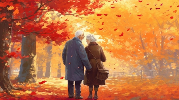 Elderly couple walking in the park