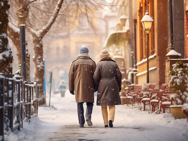 An elderly couple walks hand in hand along a snowy street The view from the back