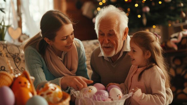 Elderly couple young boy sharing fun decorating easter eggs at table aige