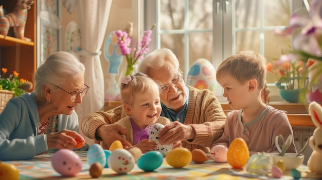 Elderly couple young boy sharing fun decorating easter eggs at table aige