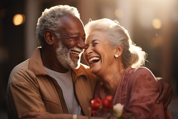 Elderly Couple39s Happiness A middleaged senior married couple shares a sincere laugh while cuddlingGenerated with AI