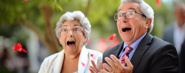 写真 高齢者カップル39歳 - コンピュータの画面でワクワクするニュースに対する喜びの反応 - コンセプト - ファミリータイム - ワクワックする発表 - 高齢者のカップル - 感情的な反応 - 家の設定