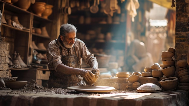 Elderly Craftsman Shaping Clay on Potters Wheel Resplendent