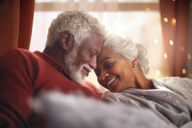 An elderly darkskinned man and woman embracing each other lovingly while lying in bed