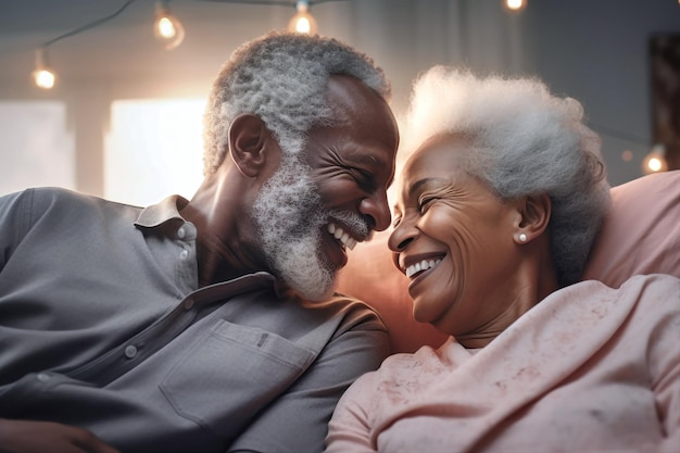 An elderly darkskinned man and woman enjoying a moment of closeness as they lay together on a bed expressing love and romance