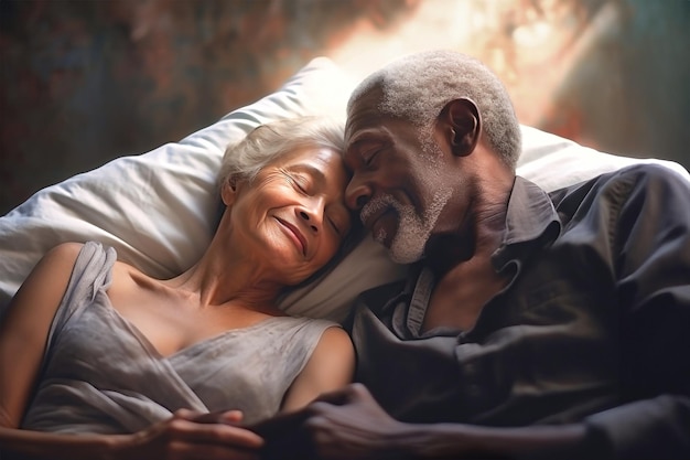 An elderly darkskinned man and woman expressing love and affection while laying together in bed