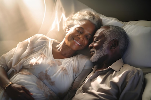 An elderly darkskinned man and woman laying closely together in bed showing love and intimacy