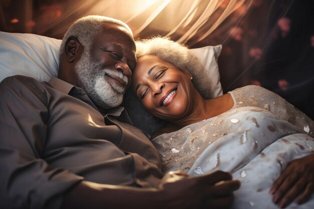 An elderly darkskinned man and woman laying together on a couch showcasing affection and intimacy