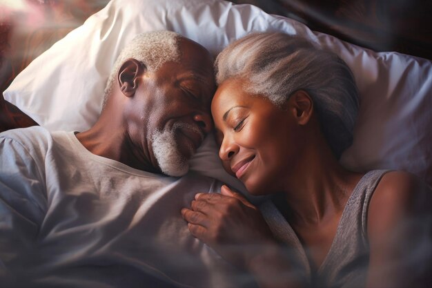 An elderly darkskinned man and woman laying on top of a bed embracing in a display of love and affection