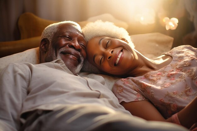 An elderly darkskinned man and woman a loving couple laying side by side in bed