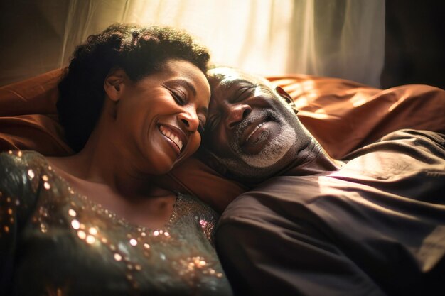 Photo an elderly darkskinned man and woman a loving couple laying side by side in bed