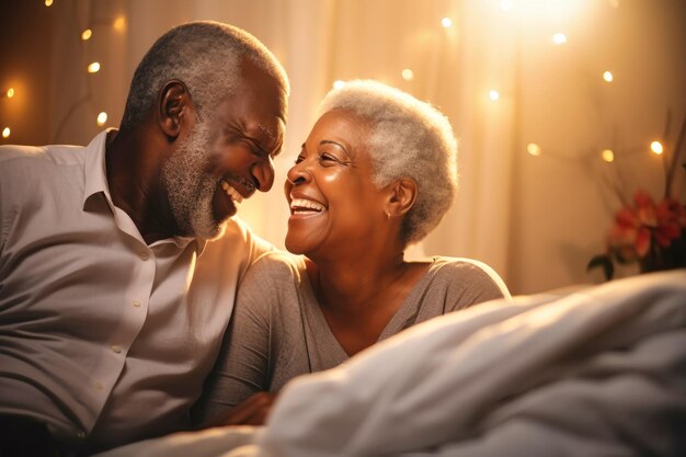 An elderly darkskinned man and woman sitting side by side on a bed showing love and affection towards each other