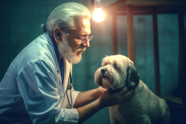 Elderly doctor veterinarian examines a sick dog in the clinic ai generated